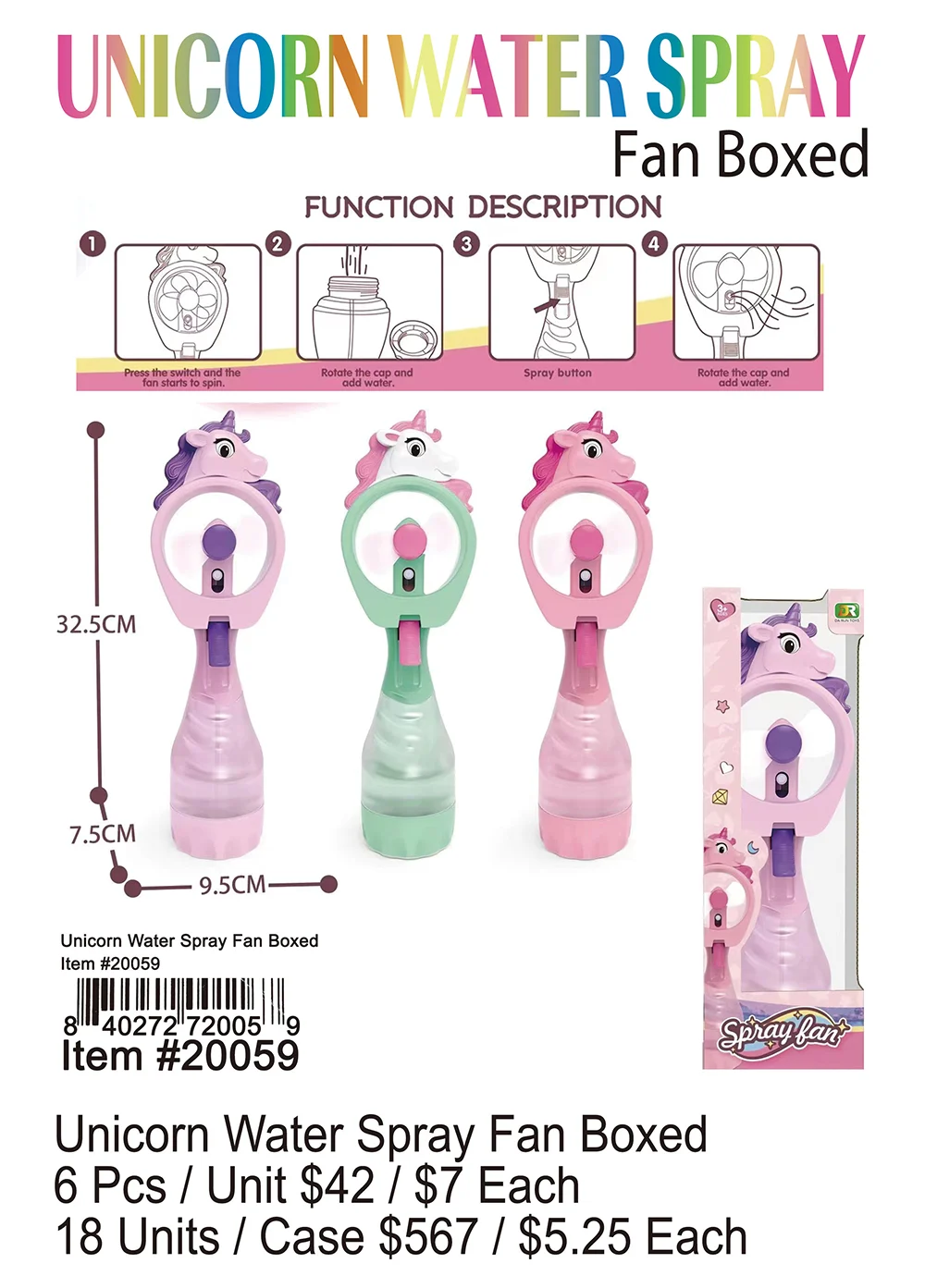 Unicorn Water Spray Fan Boxed 6 Pcs.